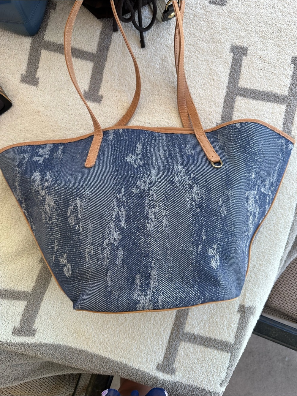 Denim Tote Bag with Tan Trim - Casual Women’s Shoulder Bag